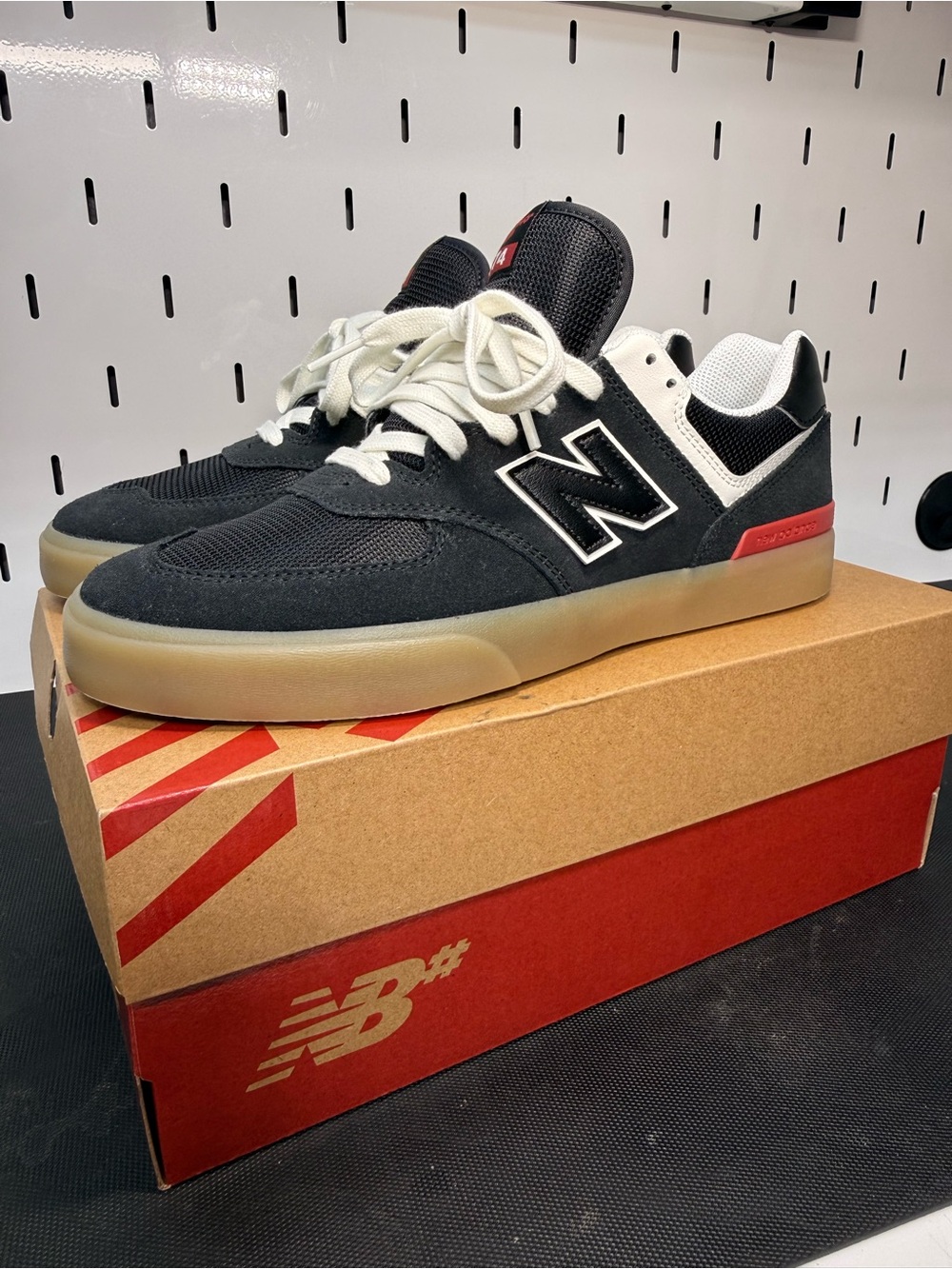 New Balance Numeric 574 Black, White & Red with Gum Sole